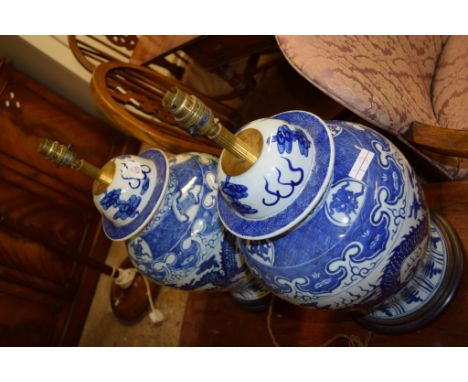 PAIR OF IMPRESSIVE MODERN BLUE AND WHITE LAMP BASES, EACH HEIGHT APPROX 58CM