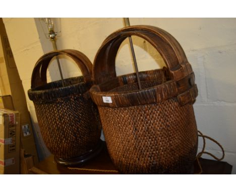 PAIR OF LAMP STANDS FORMED AS ORIENTAL WELL BUCKETS, EACH APPROX 78CM