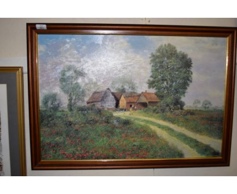 OLEOGRAPH DEPICTING A COUNTRYSIDE SCENE, WIDTH APPROX 83CM