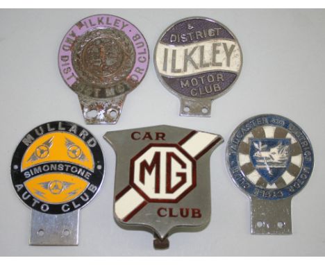 Five enamel and chrome car bumper badges, MG Owners Club, Simontone Mullard Car Club, Two Ilkley Car Club and a Tadcaster Car