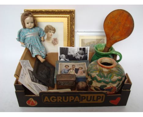 A mixed lot to include an autograph book painted with M. V Bloemfontein castle , a composite doll with go to sleep eyes, a Ja