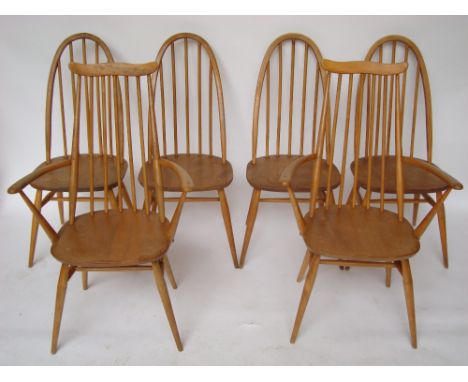 A set of four Ercol hoop spindle back and elm kitchen side chairs together with a similar pair of Ercol spindle back armchair