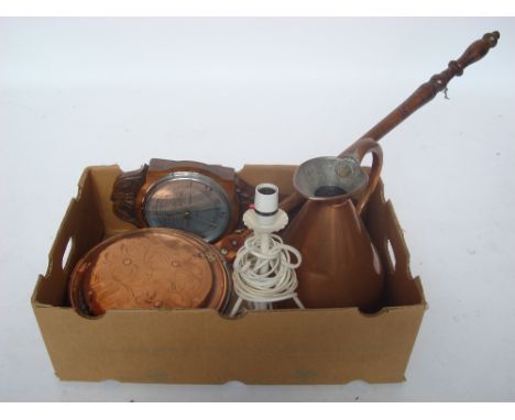 An oak aneroid wall barometer and thermometer, an 18th Century copper warming pan, copper gallon measure with touchmark, bear