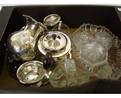 An EPNS batchelors three piece tea service, plated hot water jug, cut glass dressing table set etc. 