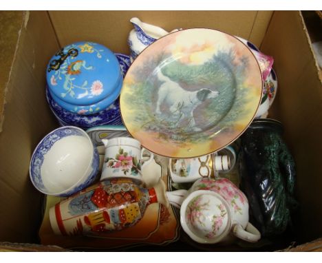 A mixed lot of china to include Royal Doulton D6313 plate decorated with a Setter, Carltonware leaf dishes, Dickensware dishe