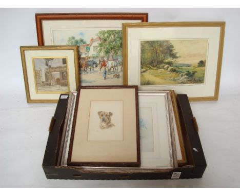 A mixed lot of pictures to include a watercolour of a country pub with a carriage and horses, unsigned, a still life watercol