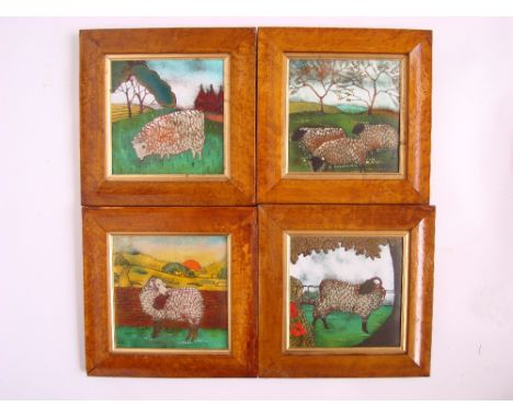 Beryl Turpin, Contemporary.
'Jacob Sheep', 'Sheep Against Wall', 'Ewe' and 'Three Sheep', enamel on copper, in maple frames.
