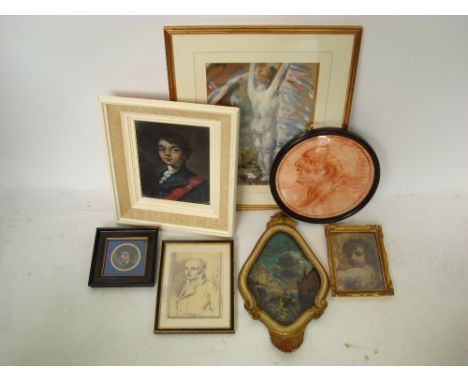 A mixed lot of pictures to include an oil on board portrait of gentlemen in period style, Venetian landscape in cartouche sha