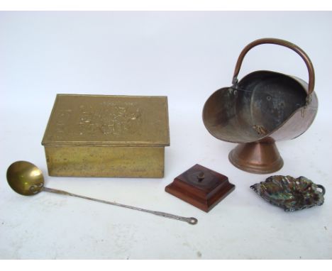 A 19th Century copper and scuttle, an embossed brass tinder box and a ladle (3). 