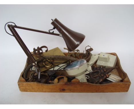 A mixed lot to include an anglepoise desk lamp, a cast iron door knocker and another brass, an early 19th Century brass door 