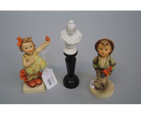 A pair of Hummel figures, and a 19th century bisque porcelain miniature bust Queen Victoria