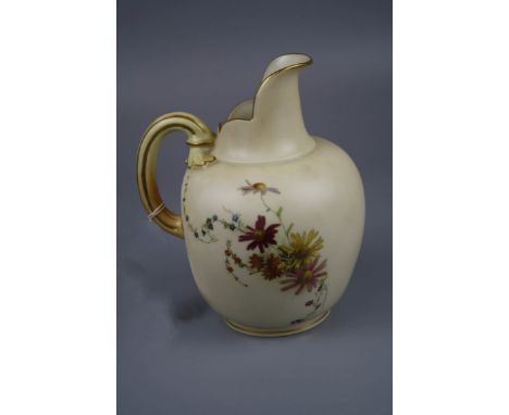 A Royal Worcester flat back jug, Design No 1094, florally decorated on an ivory and gilt ground, 1885, 18cm