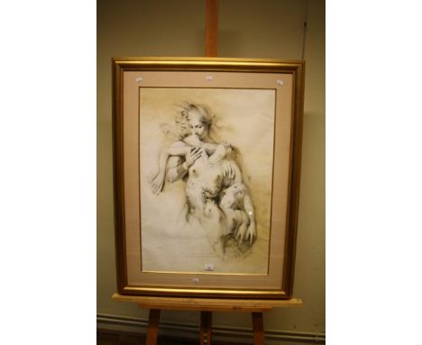 A limited edition French lithograph of a young woman escorted Heavenwards by winged figures, numbered 122/130, 84 x 60cm