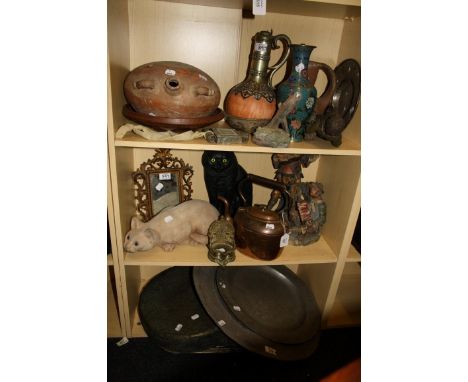 A mixed lot of metalwares and other items including pewter chargers, brass gong, cloisonné lamp base, gilt metal easel mirror