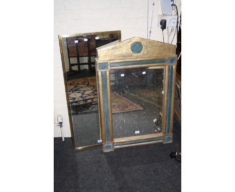 A contemporary gilt painted architectural wall mirror with half turned pilasters together with a gilt metal mirror with a pla