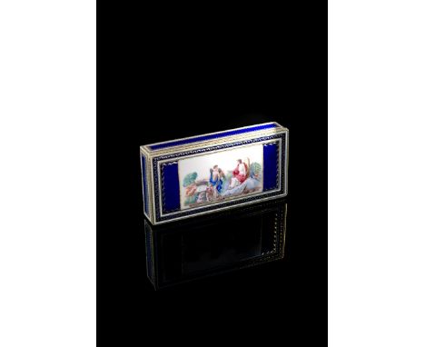 A late 19th century probably Hanau gold and guilloche Royal blue enamel box of rectangular form, the hinged cover decorated w
