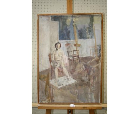 Gloria Steemson, '20th Century' portrait of a seated nude in an artists studio, oil on canvas, signed verso, 86 x 60cms