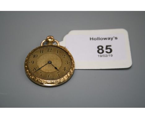 A lady's Swiss gold and enamel open-faced pocket watch, engine turned dial with Roman numerals, the reverse of the case with 