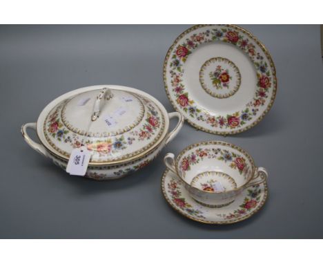 Four Grafton china Malvern pattern twin handled cups and saucers, eight further saucers, a tureen and cover and two cake plat