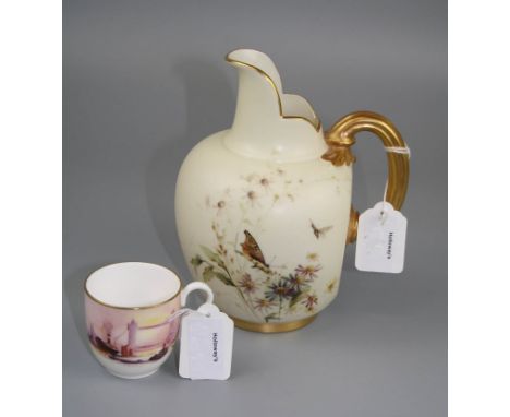 A large Royal Worcester flatback jug, decorated with spring flowers and butterflies on a blush ivory and gilt ground, 18.5cm,