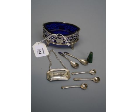 Five silver salt spoons, a silver spirit label 'Brandy', a jade fob seal and a pierced silver navette form mustard with blue 