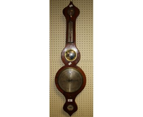 E Fontana, Gt Marlow, a mid 19th century rosewood wheel barometer, having damp/dry gauge, thermometer and mirror to neck over