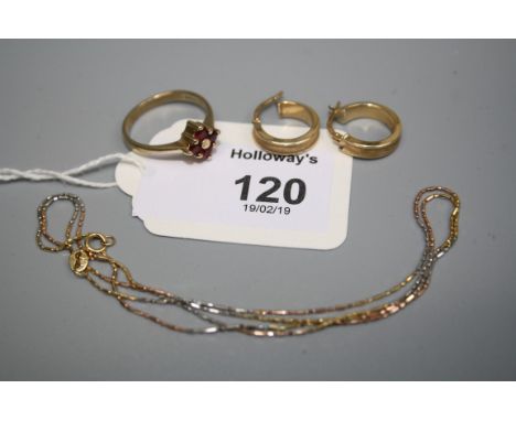 A two colour fancy link chain, together with a four stone ruby cluster ring, and a pair of brushed hoop earrings