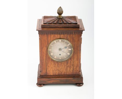 A William IV English library clock, the rosewood four glass case with gilt metal finial enclosing a single fusée movement fac