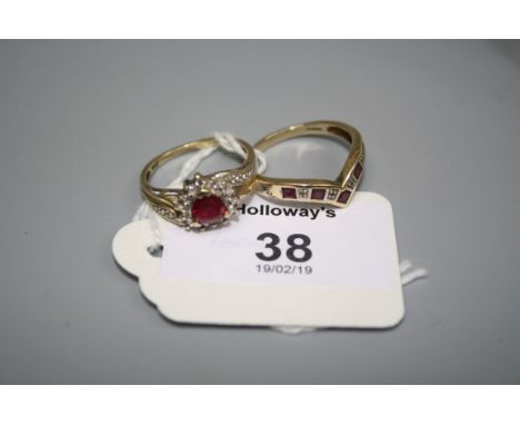 A ruby and diamond V shaped half hoop ring, together with another heart shaped gem shaped ring