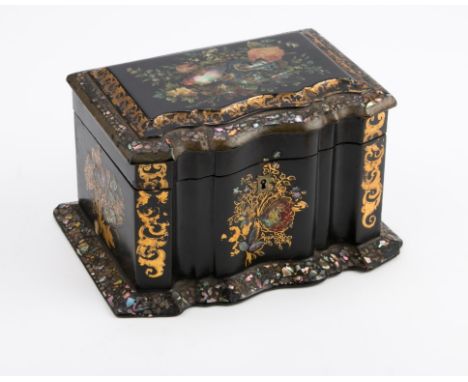 A Victorian papier maché mother of pearl inlaid and gilt florally decorated tea caddy, of serpentine outline, with twin lidde