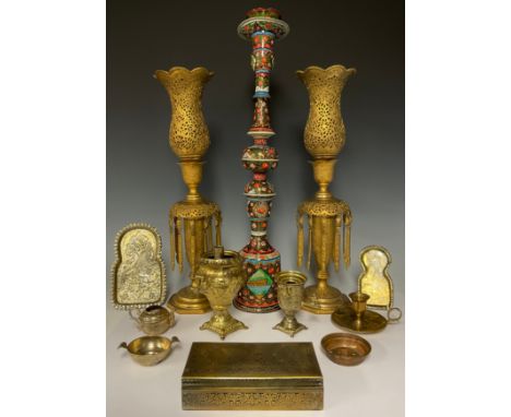 A pair of pierced gilt metal lustre type candlesticks with droplets, 47.5cm; a Middle eastern brass cigarette box and cover; 