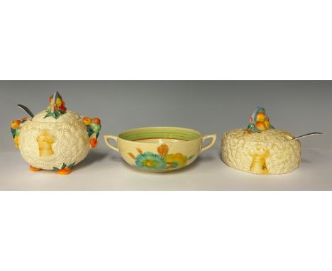 Two Harvest ware Clarice Cliff jam pots, Celtic Harvest pattern, each with an EPNS spoon; a similar two handled bowl, 12cm di