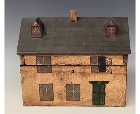 A reproduction Novelty tea caddy as a wooden house, hinged lid and key, 24cm high, 26cm wide 