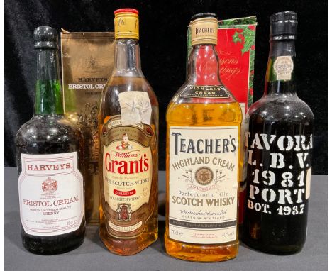 A bottle of Teacher's Highland Cream, boxed; others, Tavora Port 1981; Grant's Scotch whisky; Harvey's Bristol Cream, boxed; 