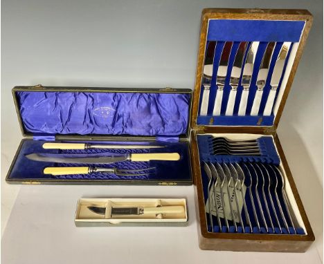 A Viners 24 piece cutlery set, stainless steel, mother of pearl hafts to knives, cased; a Joseph Rodgers meat knife, meat for