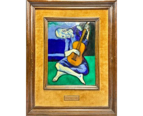 After Picasso, The Old Guitarist, enamel on copper plaque, in shades of blue and green, 23cm x 17cm, framed, c.1970 