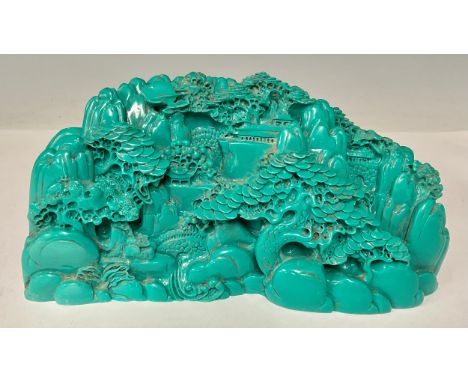 A contemporary Chinese composite ‘boulder’, moulded as faux-turquoise with a mountain-top landscape, 22cm wide 