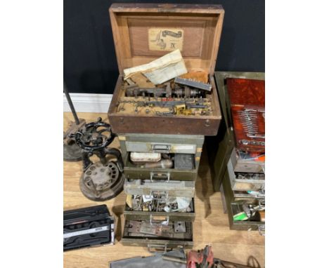 Tools - a Triumph Lathe, cased; a tap and die set, cased; other engineering tools; a Pinfold's Patent ring sizer; etc, some c