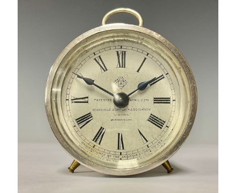 A drum shaped "Train" alarm clock, white dial with Roman numerals, patent Ansonia Clock Co. USA, April 23rd 1878, Household S