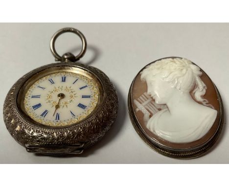 A lady's continental silver open face pocket watch, white enamel dial, Roman numerals, the case chased and engraved, 5cm over