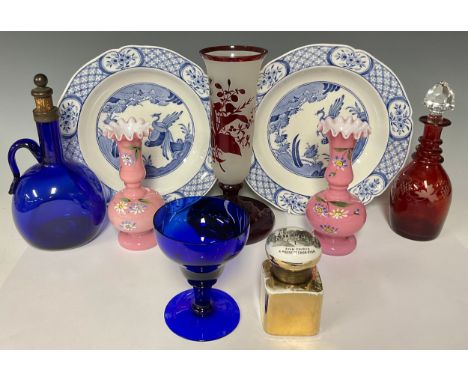 A Bristol Blue rummer, 12cm; a Bristol Blue decanter, pewter stopper; a pair of 19th century cased opaque pink and white glas