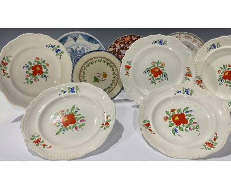 Ceramics - five Spode hand painted dinner plates, gadrooned borders; other ironstone dinner and dessert plates including Maso