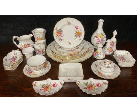 A Royal Crown Derby Posies pattern bottle vase, candle snuffer, salt, pepper and mustard pots, milk jug and sugar bowl, assor