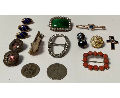 A George III seed pearl and engine turned green enamel mourning brooch, inscribed to verso, Sarah Briggs died June 17th 1808 