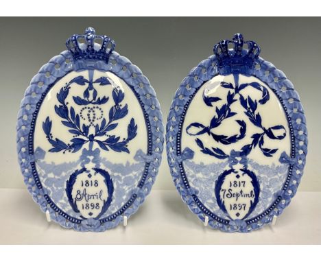 A Royal Copenhagen pierced oval commemorative wall plaque with crown finial, dated 1817 7 Septmb 1897 made to commemorate the