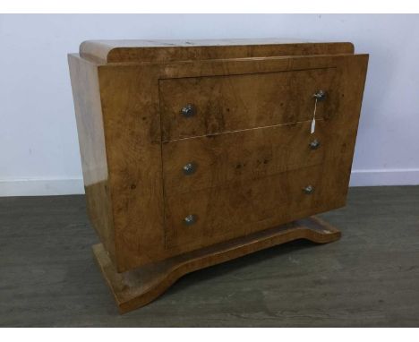 ART DECO BURR WALNUT CHEST OF DRAWERS CIRCA 1920-40 fitted with three drawers, on a swept base79cm x 93cm