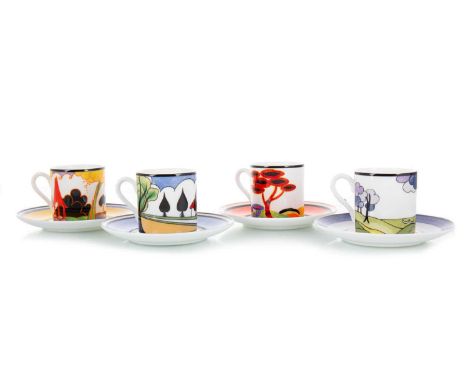 CLARICE CLIFF FOR WEDGWOOD - CAFE CHIC - LIMITED EDITION SETS cups and matching saucers comprising of 'Blue Firs', 'May Avenu