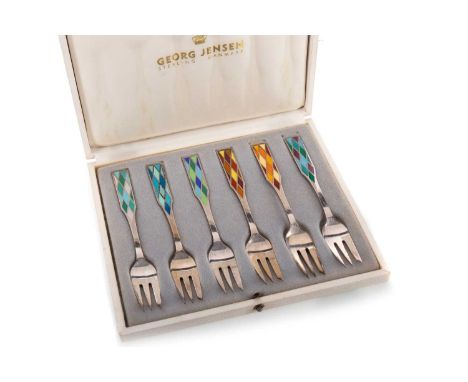 GEORG JENSEN, SET OF SIX STERLING SILVER CAKE FORKS  CIRCA MID-20TH CENTURY with harlequin enamel handles, in original brande