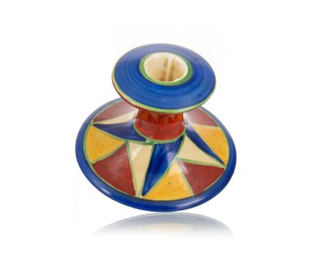CLARICE CLIFF FOR NEWPORT POTTERY, BIZARRE CANDLESTICK CIRCA 1928 shape 310, decorated in overglaze enamels in a geometric pa