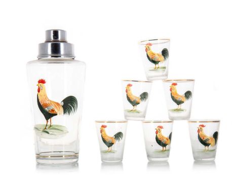 FRENCH ART DECO COCKTAIL SET CIRCA MID-20TH CENTURY comprising a shaker and six small tumblers, all with hand-painted cockere